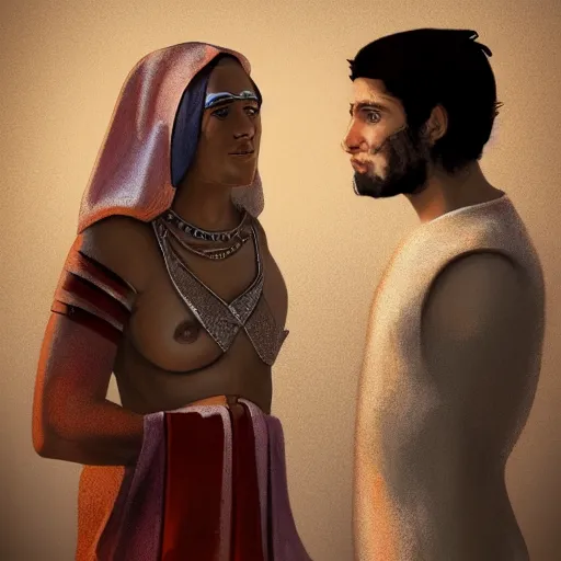 Prompt: portrait, 26 year old male in ancient Canaanite clothing meeting 18 year old female in ancient Canaanite clothing, dramatic lighting, cinematic, establishing shot, high detail, photo realistic, cinematic lighting, post processed, concept art, artstation, matte painting