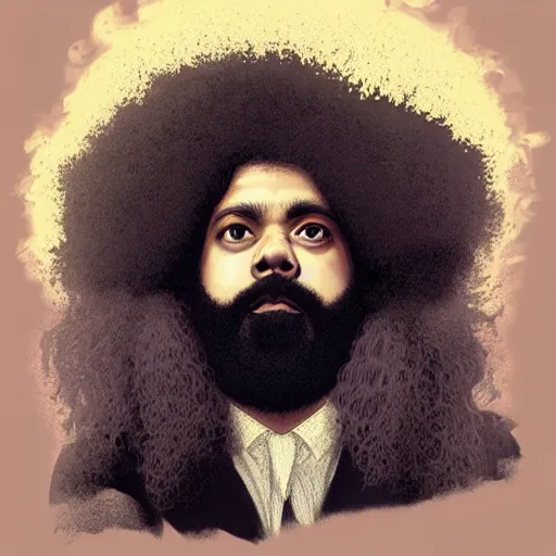 Prompt: minimalist Portrait of Reggie Watts, intricate, wild, highly detailed, digital painting, artstation, concept art, smooth, sharp focus, illustration, art by artgerm and greg rutkowski and alphonse mucha and Hajime Sorayama