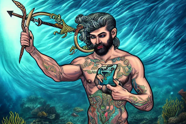 Image similar to high quality 4 k resolution go pro photo of storm god poseidon taking a selfie of himself underwater look king confused holding his trident, illustration by billy butcher, intricate and highly detailed