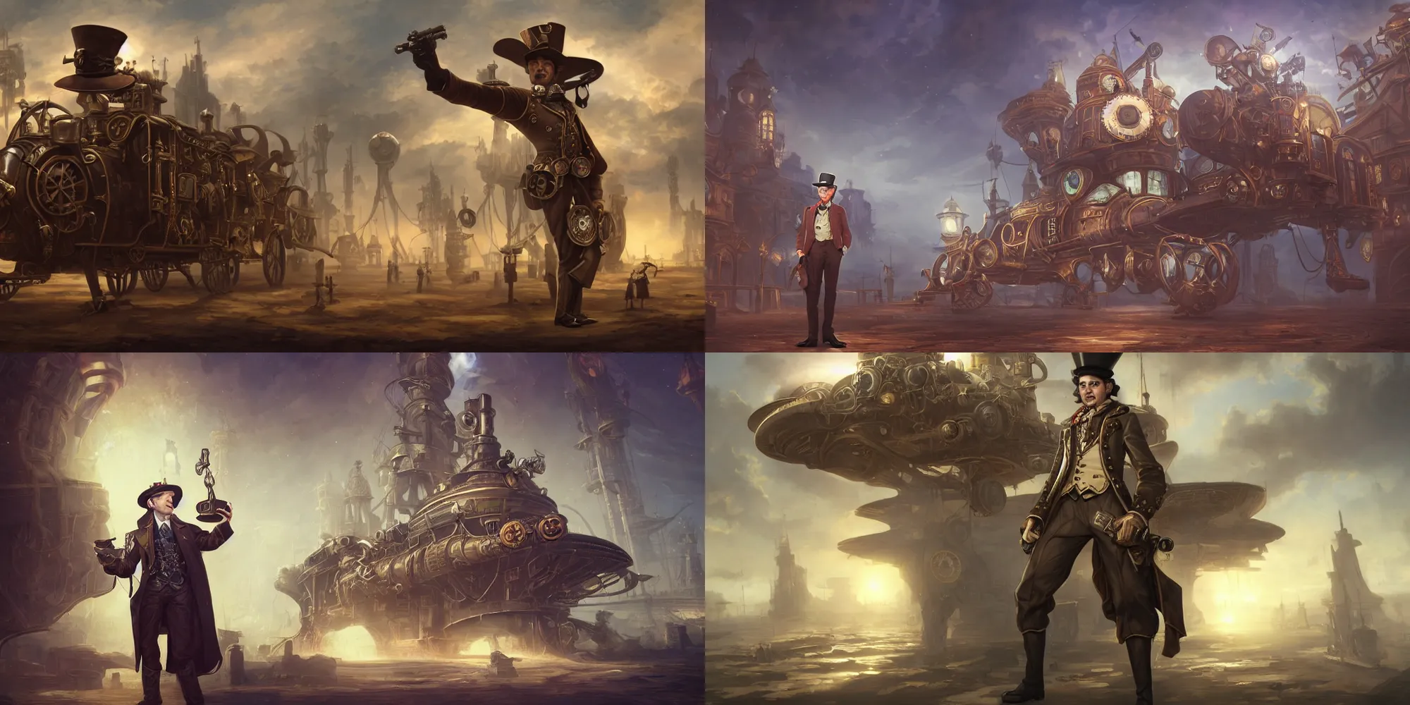 Prompt: a noble man in front in hat and revolver, posing on steampunk spaceship on background, by tyler edlin and lindsey look, victorian, steam romance, adventure, jonathan winterhart, detailed, 4k resolution, trending on artstation