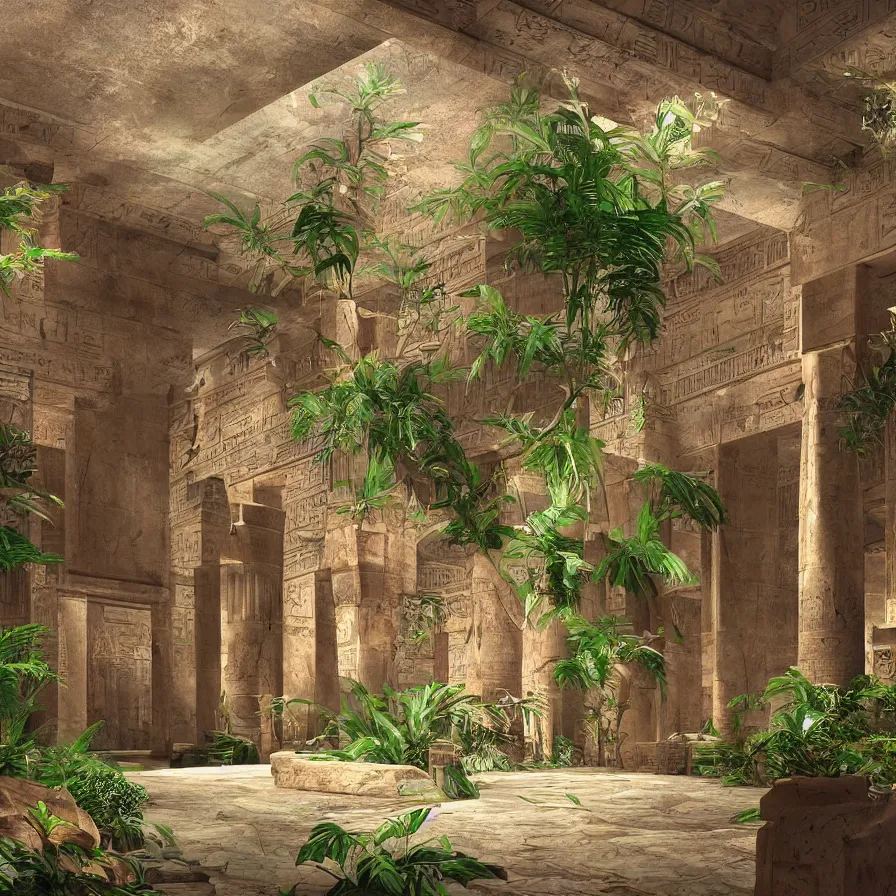 Prompt: interior of a ancient egyptian palace with plants and waterfalls, retrowave art, trending on art station