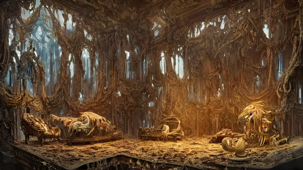 Image similar to inside of angel anatomy sitting on an ornate victorian couch made out of decomposing animals, intricate, detailed, volumetric lighting, sharp focus, photorealism, digital painting, highly detailed, concept art, by roger dean and simon stalenhag and mark brooks