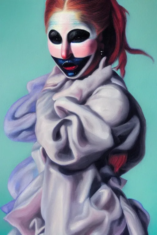 Image similar to hyperrealism oil painting, close - up portrait of commedia dell'arte fashion woman model, gradient mixed with nebula sky, in style of baroque