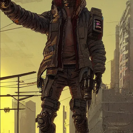 Image similar to cyberpunk mercenary walking the city streets, Industrial Scifi, detailed illustration, Chiaroscuro, concept art, by Martin Grip and Moebius