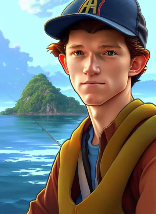 Image similar to cute fisherman tom holland, natural lighting, path traced, highly detailed, high quality, digital painting, by don bluth and ross tran and studio ghibli and alphonse mucha, artgerm