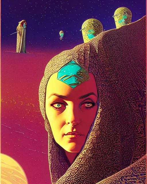 Image similar to arab princess, character portrait, portrait, close up, concept art, intricate details, highly detailed, vintage sci - fi poster, in the style of chris foss, rodger dean, moebius, michael whelan, and gustave dore