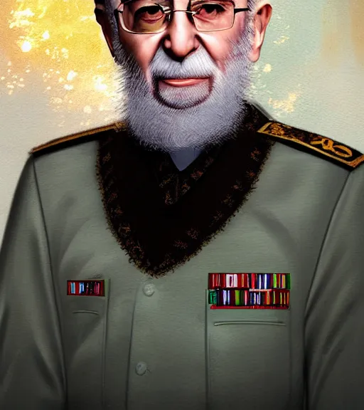 Prompt: ali khamenei, the leader of the oppressed of the world, epic, high detail, high resolution, light, dynamic composition, dramatic lighting, trending on artstation, award winning art