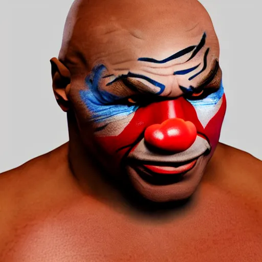 Image similar to UHD photorealistic Mike Tyson wearing a clown costume with real clown makeup by Miguel Vasquez