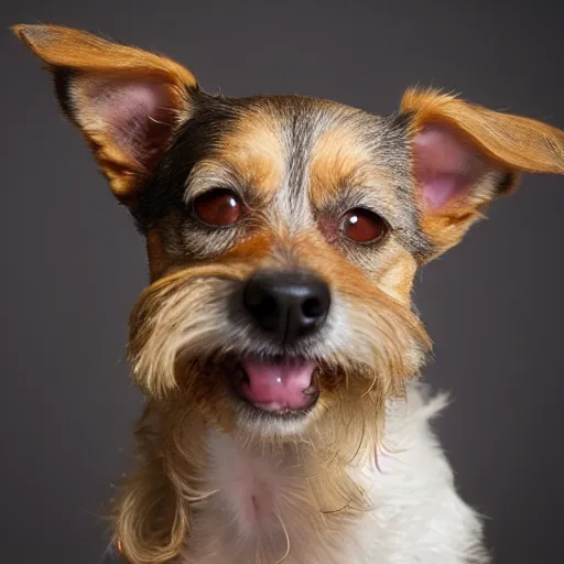 Image similar to studio portrait of a scruffy terrier-chihuahua mix with a tan face, white snout, and underbite