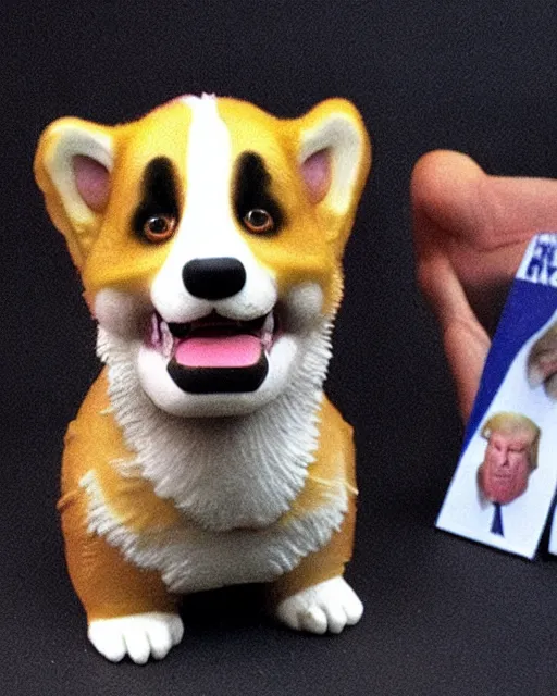 Prompt: hyperreal derailed maquette of a corgi dog as donald trump, donald trump ’ s head on the neck of a corgi dog body, creature design by rick baker, jordu schell style, studio lighting