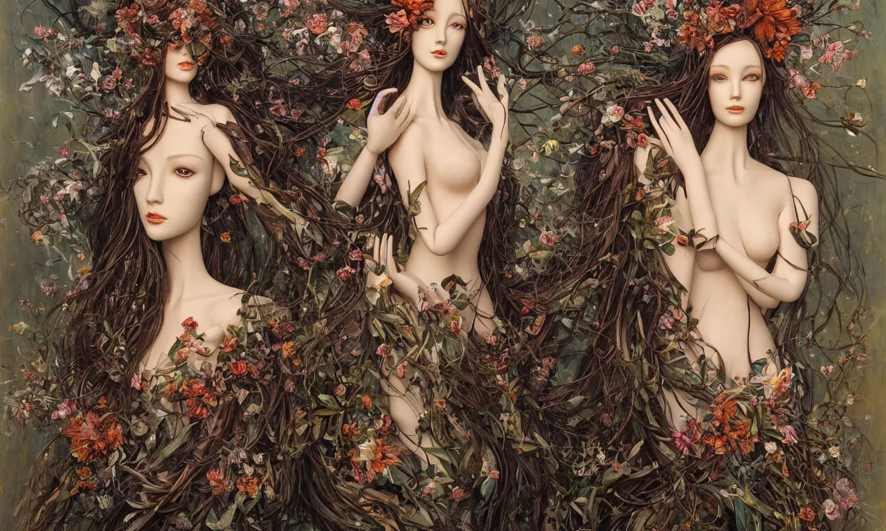 Prompt: a portrait of a beautiful female mannequin, a jointed wooden art doll with long flowing hair, holding each other, big lilies, big moths, lily flowers, by Karol Bak, by Greg Hidebrandt, by Ayami Kojima, by Amano, by Mark Brooks