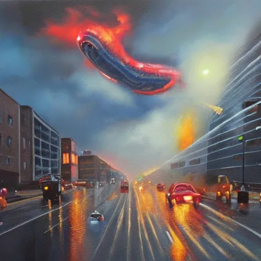 Image similar to hyperrealistic oil painting of the aliens invading earth at the rainy day all the people are running the street are ruined the buildings are on fire and the aliens are shooting laser guns 3 d