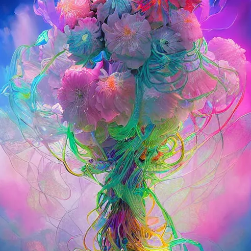 Prompt: a bouquet of ethereal big colorful transparent entangled flowers, direct sunlight, glowing, vivid, detailed painting, soft Houdini algorhitmic pattern, by Ross Tran, WLOP, artgerm and James Jean, masterpiece, award winning painting