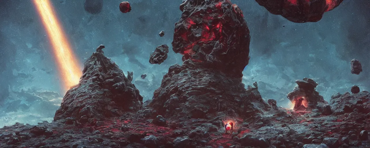 Prompt: ” asteroid with a giant roughly chiseled stone statue of an astronaut, [ by paul lehr, cinematic, detailed, epic, widescreen, opening, establishing, mattepainting, photorealistic, realistic textures, octane render ] ”