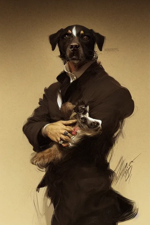 Prompt: portrait illustration of a dog as a italian mafia leader, intricate, elegant, highly detailed, digital painting, artstation, concept art, smooth, sharp focus, illustration, art by artgerm and greg rutkowski and alphonse mucha and william - adolphe bouguereau