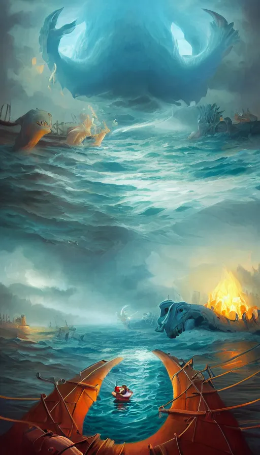 Prompt: man on boat crossing a body of water in hell with creatures in the water, sea of souls, by rhads