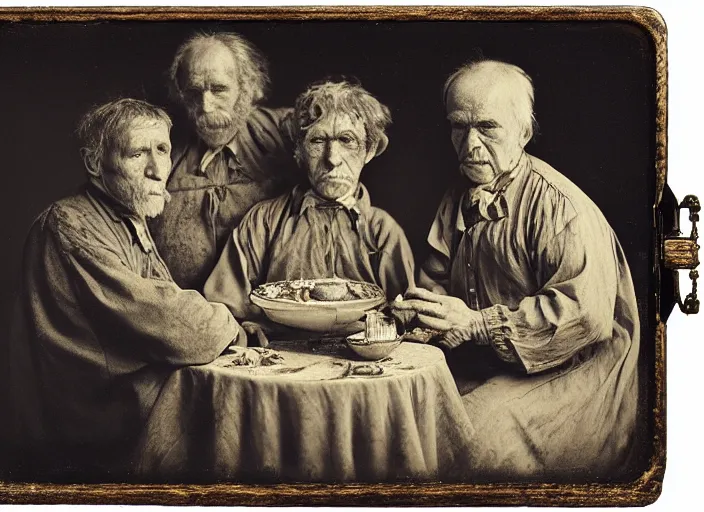 Image similar to old wetplate daguerreotype potato eaters by van gogh, fractal, intricate, elegant, highly detailed, parallax, leica, medium format, subsurface scattering, by jheronimus bosch and greg rutkowski and louis jacques mande daguerre