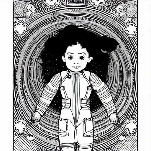 Prompt: clean simple line art of a cute little girl with short white wavy curly hair. she is dressed as an astronaut. no background. well composed, clean coloring book page, beautiful detailed face. coloring book line art by artgerm and greg rutkowski and johanna basford and alphonse mucha