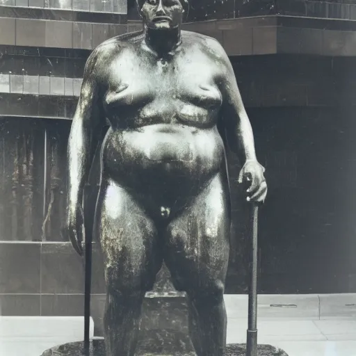 Image similar to Wet plate image of statue of a giant mythic man with black wings, age 34, outside 30 Rockefeller Center, Dark photo, Slightly blurred,