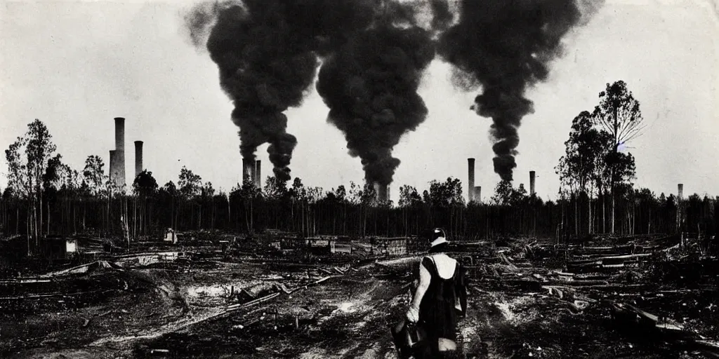 Prompt: industrial city destroying nature, 1 9 2 0 s spirit portrait photography, smoking chimneys, burning trees, cleared forest, huge industrial buildings, lonely human wanderers with pickaxe, eerie, dark, by william hope