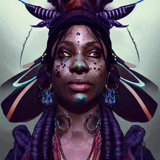 Image similar to a dark and ominous voodoo priestess, Apex Legends character digital illustration portrait design, by android jones, detailed, cinematic lighting, wide angle action dynamic portrait