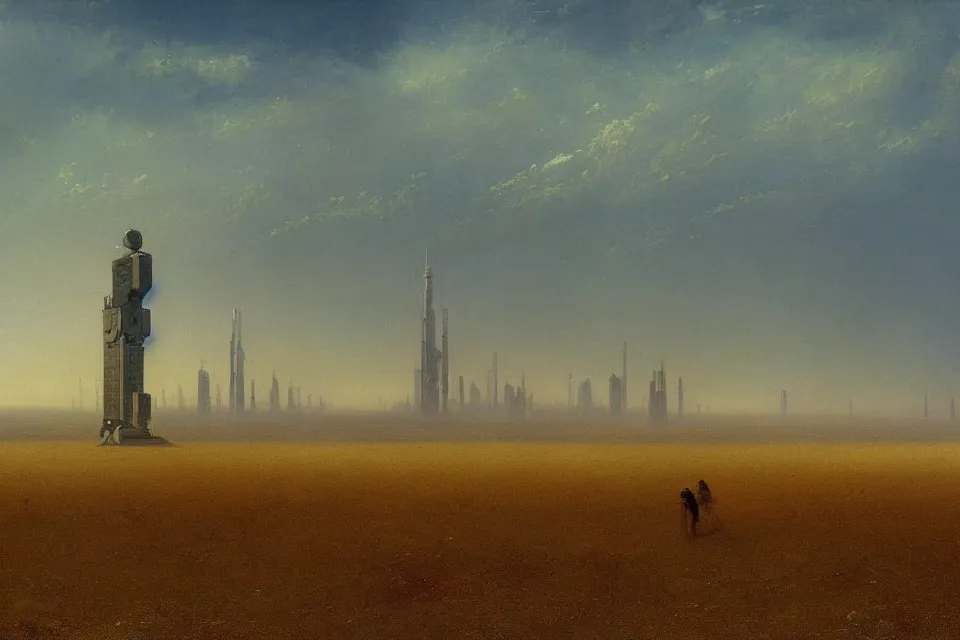 Image similar to sci-fi painting of a large alien city on the vast wheat fields, the closed back view of only one humanoid robot on the ground, by Ivan Aivazovsky, godrays, detailed