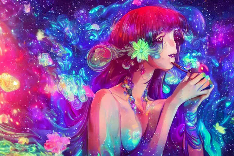 Image similar to psychedelic, full body, whimsical, anime, 4k, beautiful intimate woman blowing smoke, with professional makeup, long trippy hair, a crystal and flower dress, sitting in a reflective pool, surrounded by gems, underneath the stars, rainbow fireflies, trending on patreon, deviantart, twitter, artstation, volumetric lighting, heavy contrast, art style of Ross Tran and Viktoria Gavrilenko and Ilya Kuvshinov