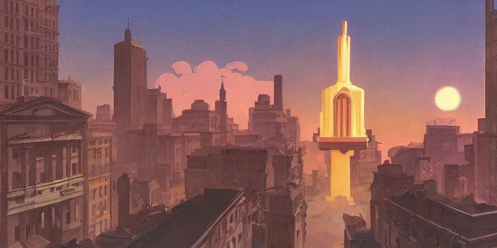 Prompt: A mysterious glowing and powerful atom shines above a city square, dieselpunk, by Studio Ghibli and Edward Hopper