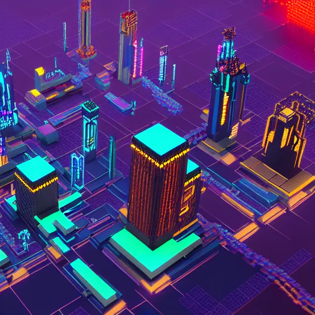 Image similar to voxel art of a cyberpunk blockchain city, chains connecting separate blocks, blockchain, symmetry, intricate, volumetric lighting, beautiful, rich deep colors masterpiece, sharp focus, ultra detailed, in the style of john harris