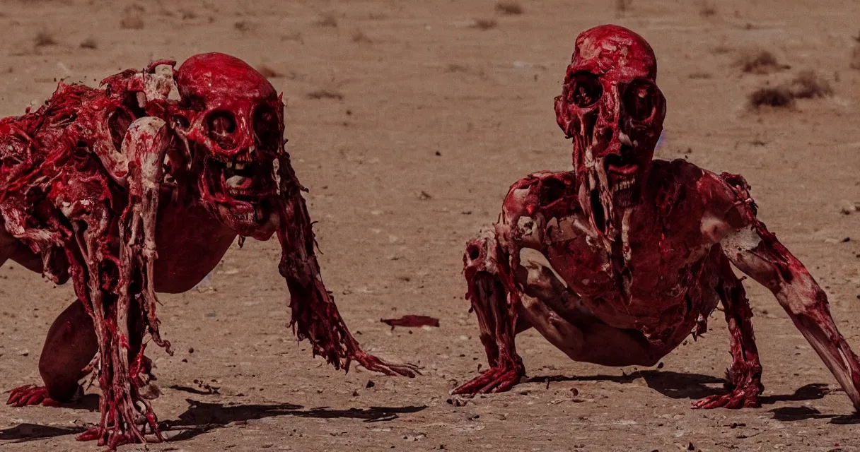 Prompt: in the desert a bloody gross horrifying creature made of muscle and bone and blood stares at the camera, eating, mid day, 35mm photography, realistic,