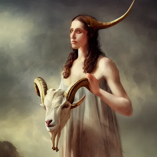 Image similar to woman with goat horns holding an animal skull, style of da vinci, fantasy illustration, by greg rutkowski