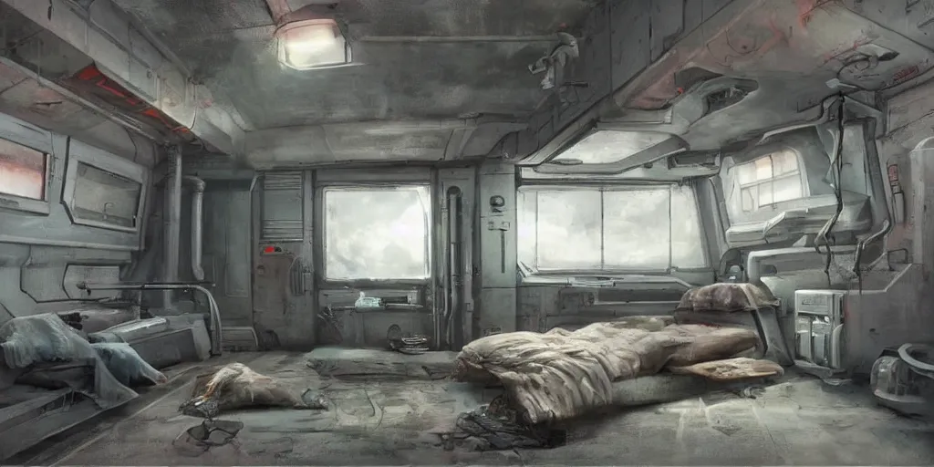 Image similar to faded steel industrial spaceship cramped living quarters painted clean interior room sci - fi