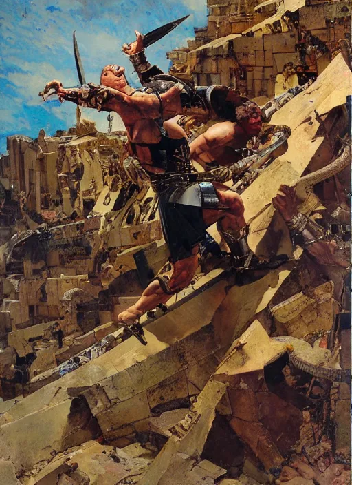 Prompt: jocko willink as huge warrior fighting godlike at the walls of troy, dynamic action science fiction, by john berkey and lawrence alma tadema and rick berry and norman rockwell and jack kirby