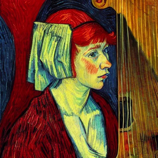 Image similar to woman with red hair red dress at the center of the stage playing redwood violin, artistic, renaissance, soft, detailed, vincent van gogh, greg rutowski, michaelangelo, artwork of the century, precision