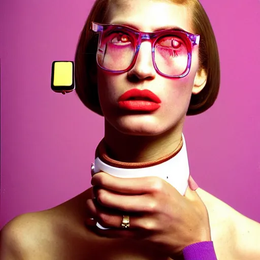 Image similar to a studio close - up portrait of a beautiful fashion model talking on a brick phone. surreal photograph, lo - fi, polished look, silly and serious, hermes ad, fashion photography, toiletpaper magazine by pierpaolo ferrari and maurizio cattelan, 3 5 mm photograph, colourful, by pierpaolo ferrari, maurizio cattelan, david lachapelle