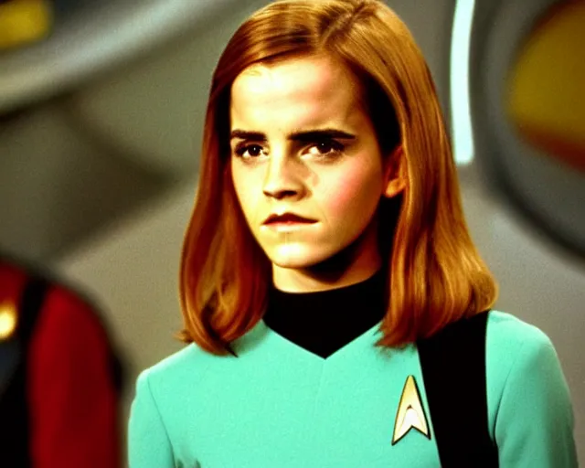 Prompt: color still photo of emma watson on star trek the next generation 1 9 8 7, enterprise bridge