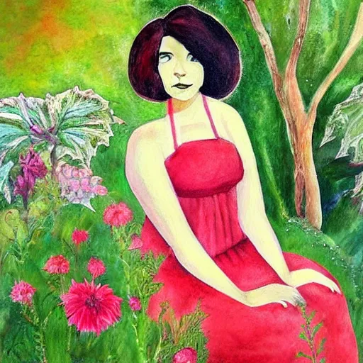 Prompt: a beautiful red haired woman in a garden, beautiful painting by magali villanueve