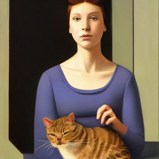 Image similar to a girl and her cat by Raphael, Hopper, and Rene Magritte. detailed, romantic, enchanting, trending on artstation.