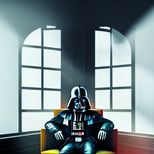 Image similar to darth vader sitting in a chair in his living room with sunlight pouring in through a window, portrait, fantasy, beautiful face, vivid colors, elegant, concept art, sharp focus, digital art, hyper - realistic, 4 k, unreal engine, highly detailed, hd, dramatic lighting by brom, trending on artstation