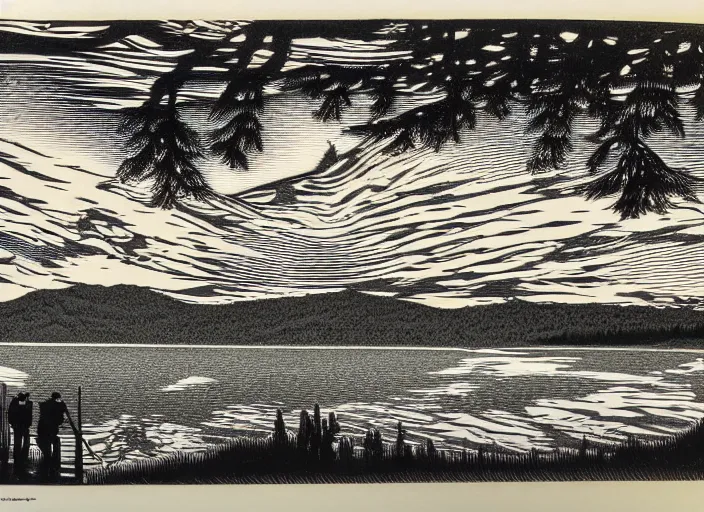 Image similar to an award winning Wood engraving on paper of The Canadian lakes