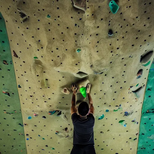 Prompt: looking up at a dirty light green bouldering wall with brightly colored holds and volumes, holds and volumes made of human faces, iso, mm, octane,