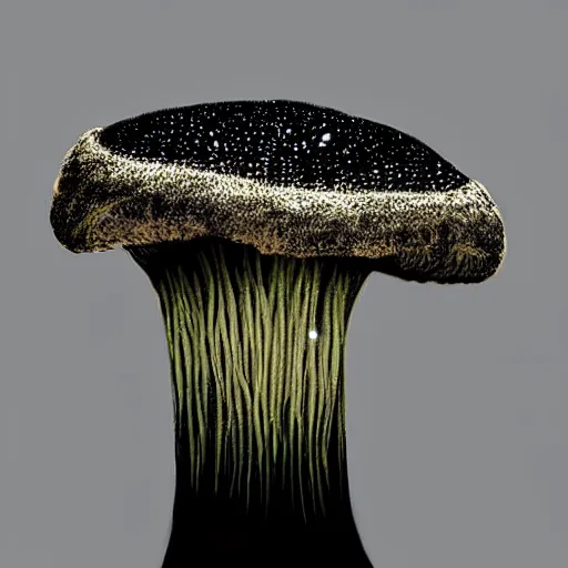 Image similar to beautiful roud mushroom cap - alien, bottom view, luminous lamellae are clearly visible, Giger, black background, hyper realism, epic composition