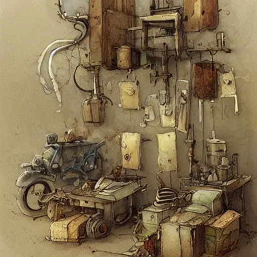 Image similar to cluttered inventors workshop. muted colors. by Jean-Baptiste Monge !!!!!!!!!!!!!!!!!!!!!!!!!!!