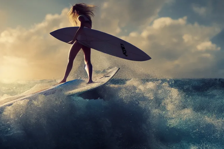 Image similar to girl surfing on a cloud, 4 k, ultra details, cinematic, epic style, beautiful photo, hyper realistic, octane render, unreal engine, award winning, on artstation, volumetric lightning, masterpiece, golden hour,