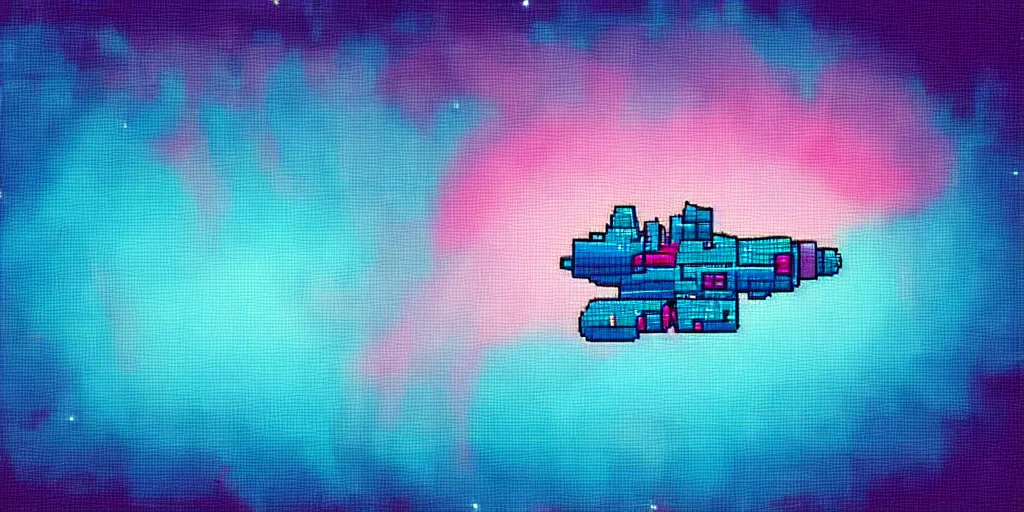 Image similar to cyan blue and pink spaceship in a galaxy, pixelart style