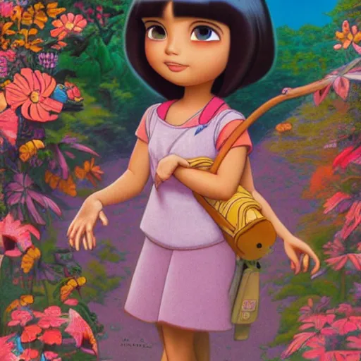 Image similar to dora the explorer as real girl in happy pose, detailed, intricate complex background, japanese Pop Surrealism, lowbrow art style, muted pastel colors, soft lighting, 50's looks by Mark Ryden,Yosuke Ueno,mucha, artstation cgsociety