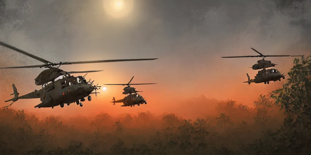 Image similar to Painting of vietnam Huey Helicopters, above a forest, orange sun set, abstract, realism, detailed, octane render, glow