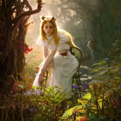 Image similar to close up portrait of alice in wonderland, magical forest, dramatic lighting, high detail, painted, by greg rutkowski, painted by stanley artgerm, painted by alphonse mucha, trending on artstation