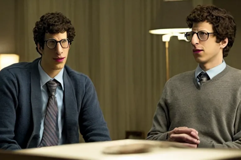 Image similar to a cinematic still from the social network movie of ((andy samberg))