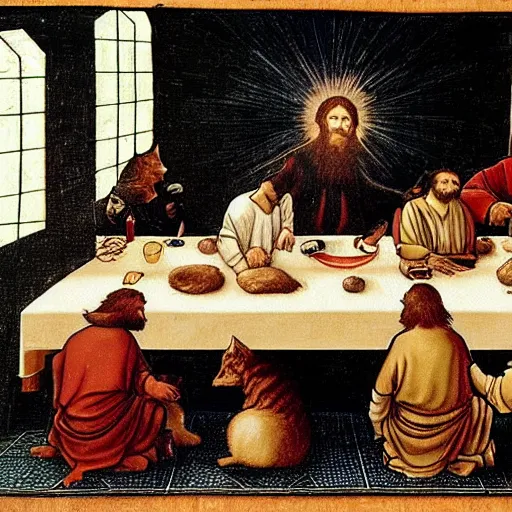 Image similar to jesus and some cats trade pokemon cards in davinci's last supper
